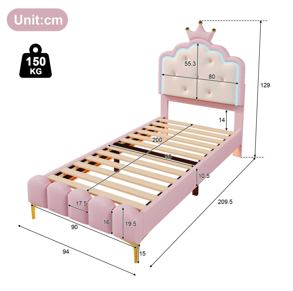 Letto imbottito principessa 90x200 cm rosa con LED