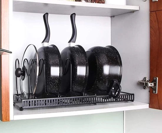 Organizzatore di Cucina Espandibile con 7 Compartimenti - Sostegno Regolabile per Coperchi e Accessori.