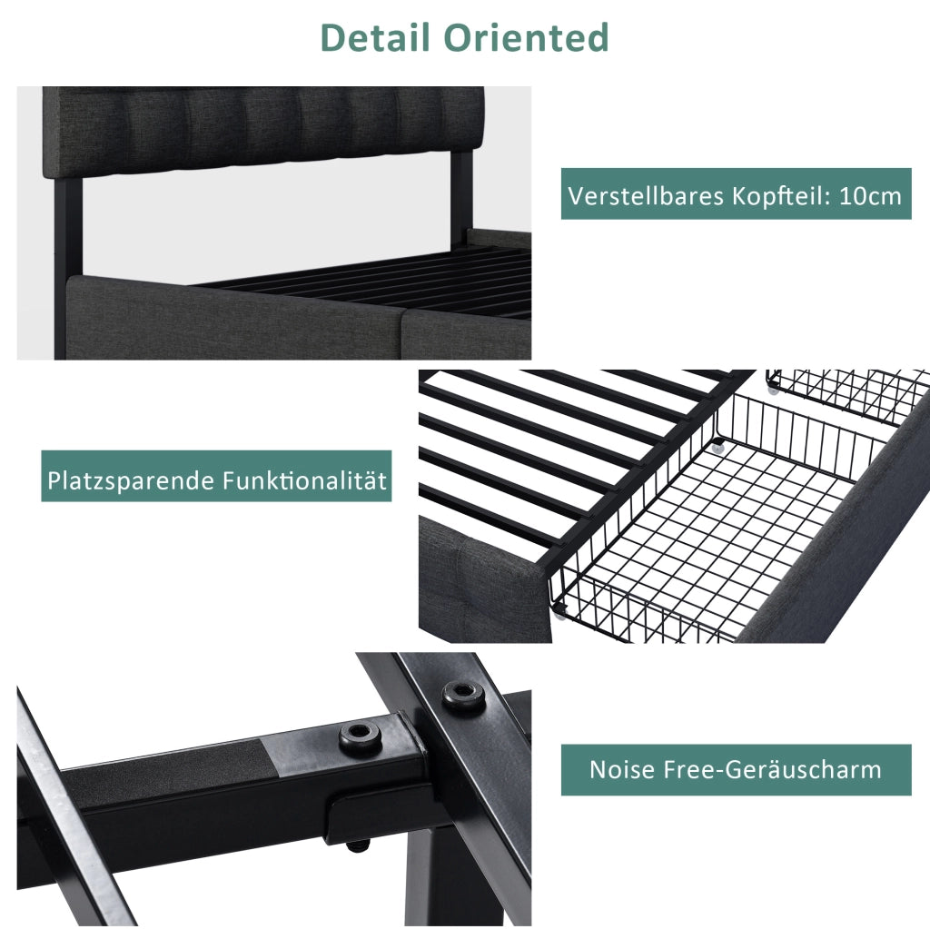 Letto matrimoniale imbottito 140x200 cm con 4 cassetti nero