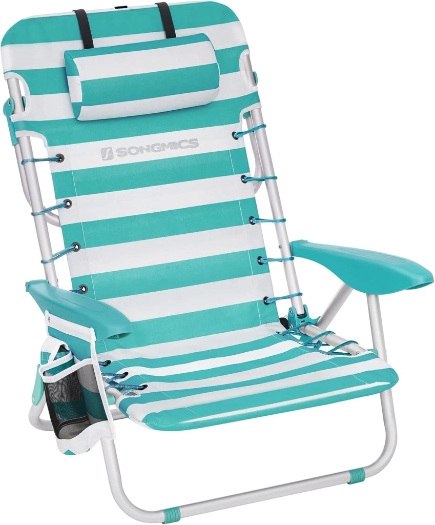SONGMICS Sedia da spiaggia, sedia da campeggio pieghevole, con tracolla, schienale regolabile, poggiatesta, bracciolo, 2 tasche laterali, verde e bianco GCB62JW
