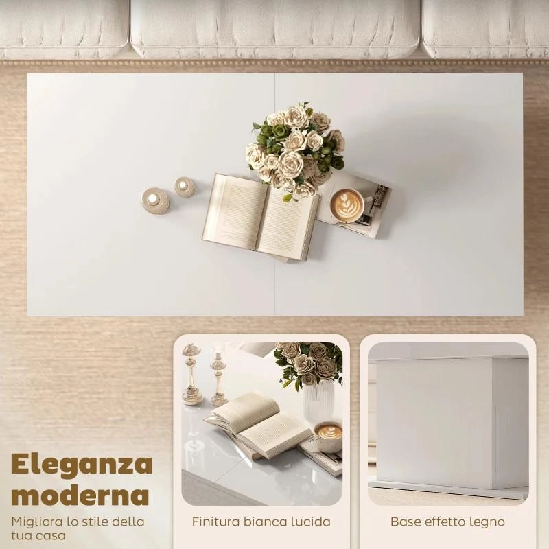 TAVOLINO DA CAFFÈ ESTENSIBILE CON VANO CONTENITORE MODERNO, 108-178.5X53X49 CM, BIANCO LUCIDO