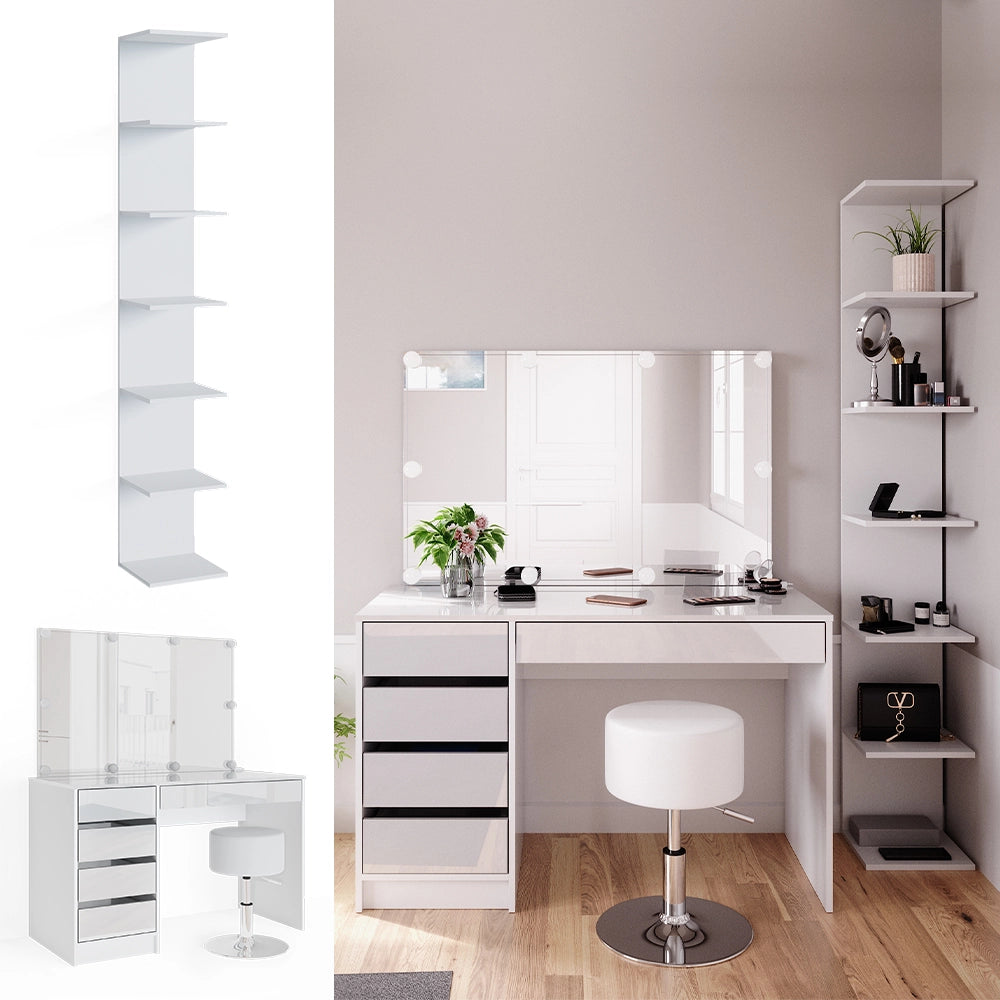 Vicco Tavolino da toilette Bianco 4 pezzi, con ripiano portaoggetti, specchio, sgabello, LED