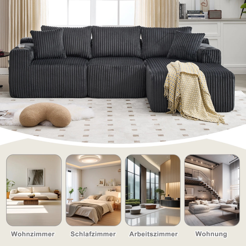 Divano modulare con chaise longue e 2 posti; 5 cuscini; tasche laterali e portabicchieri; in velluto a coste grigio