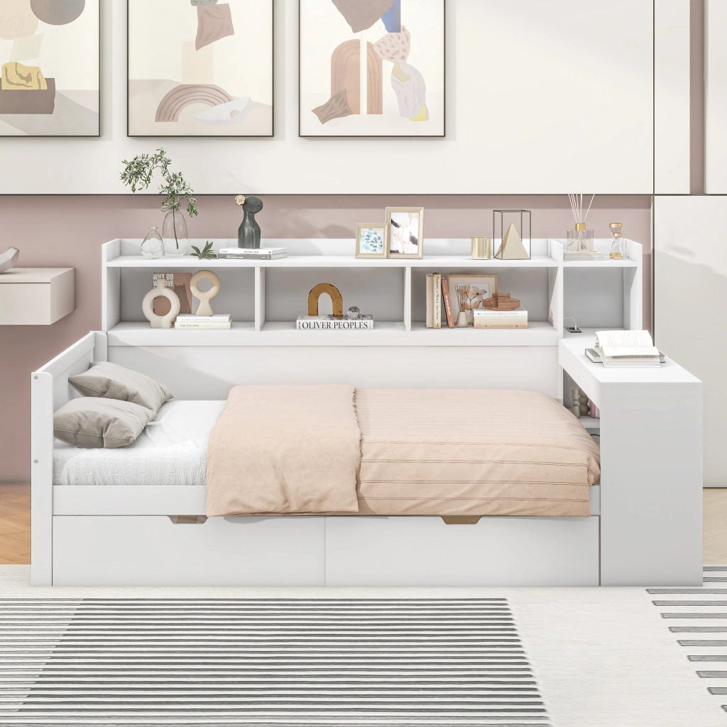 OKWISH Letto a Divano 90×200 cm, Letto Singolo con Presa, USB, 2 Cassetti, Scrivania e Mensole, senza Materasso, Bianco