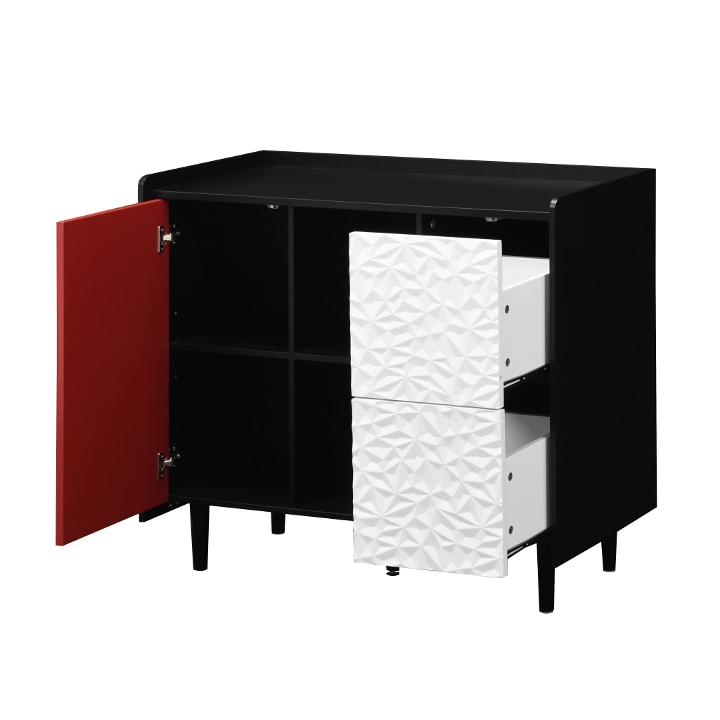 Credenza moderna con 2 cassetti e vano aperto; 90x40x80 cm; MDF nero e rosso