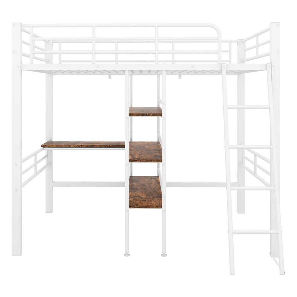 Letto a soppalco con scrivania - Xylo - 90x200 cm - Bianco - Scaffali, ringhiera, scala, struttura in ferro