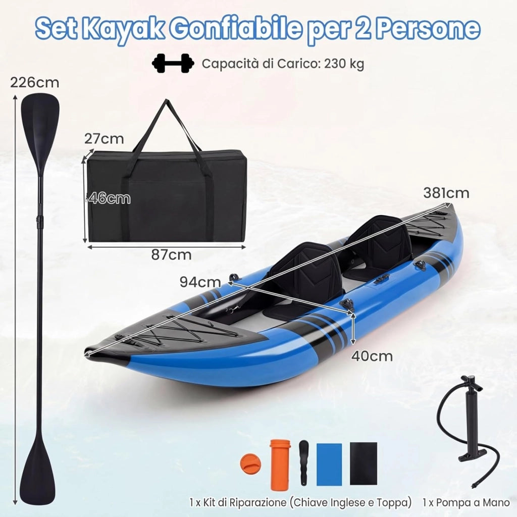 Kayak Gonfiabile 2 Posti, Kayak da Pesca Gonfiabile e Portatile 381 cm con 2 Sedili Imbottiti e Poggiapiedi Regolabili, Remi in Alluminio, Pompa a Mano, Ideale per Lago e Mare