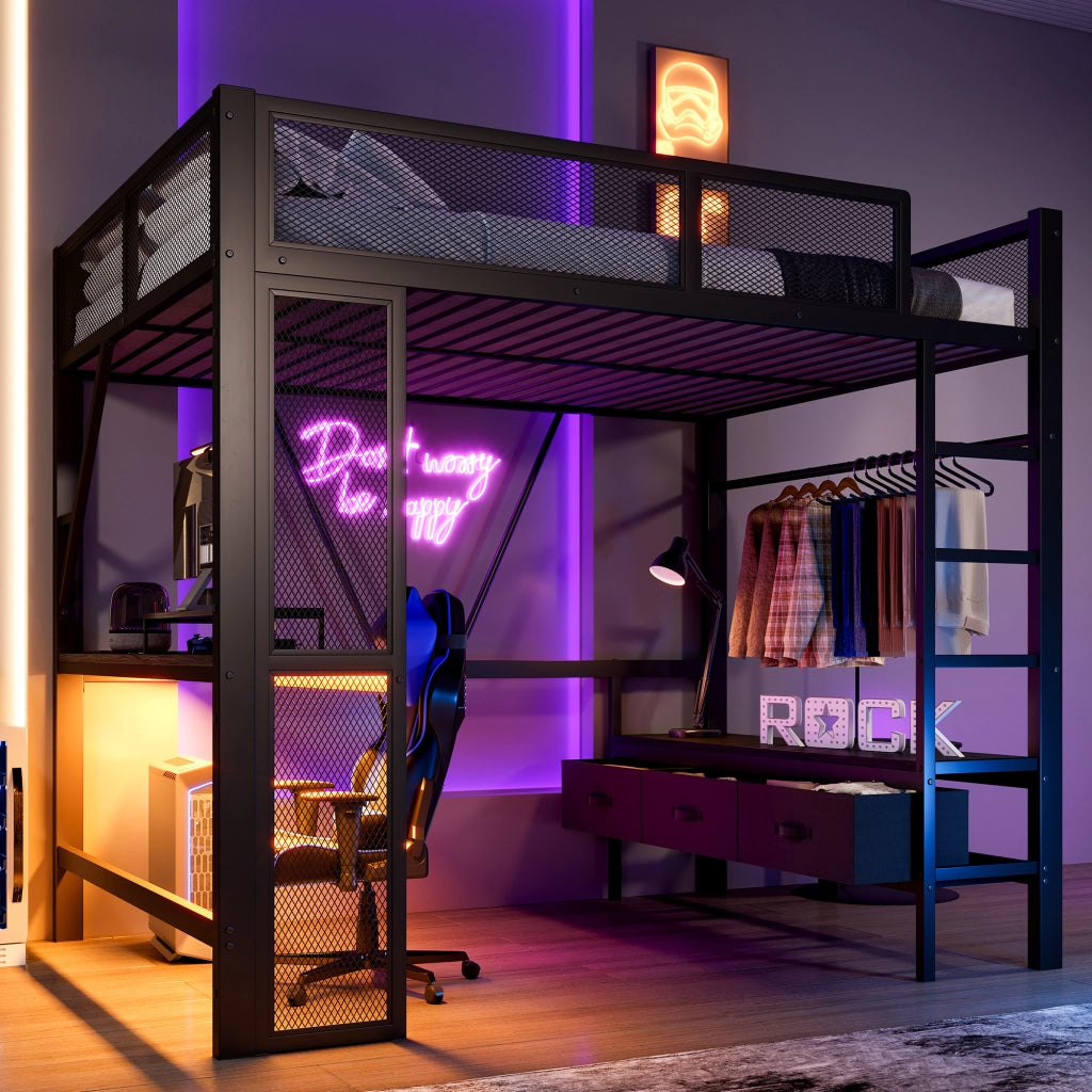 Letto a castello in metallo e MDF nero con scrivania LED USB e cassetti 140x200 cm