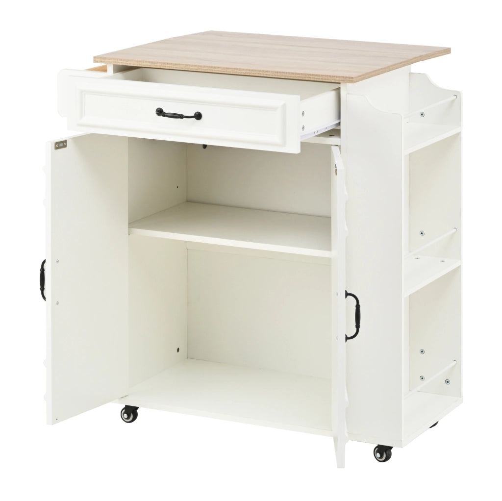 Carrello cucina 66x40(60)x90 cm con piano pieghevole; cassetto e ruote in MDF bianco