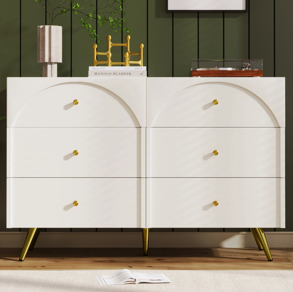 Cassettiera 120x40x85 cm con 6 cassetti; struttura in legno e metallo; crema-bianco