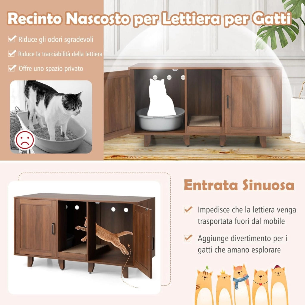 Mobile per Lettiera per Gatti 120 x 52 x 65 cm, Casetta per Gatti con 2 Ante, Fori, Tiragraffi e Gambe Staccabili, Mobile Versatile e Moderno per Salotto (Marrone)