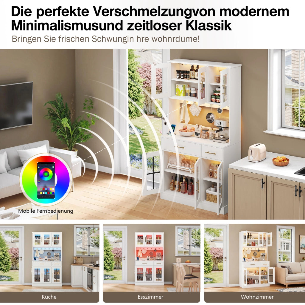 Credenza da cucina bianca con LED RGB, 6 ante e 2 cassetti
