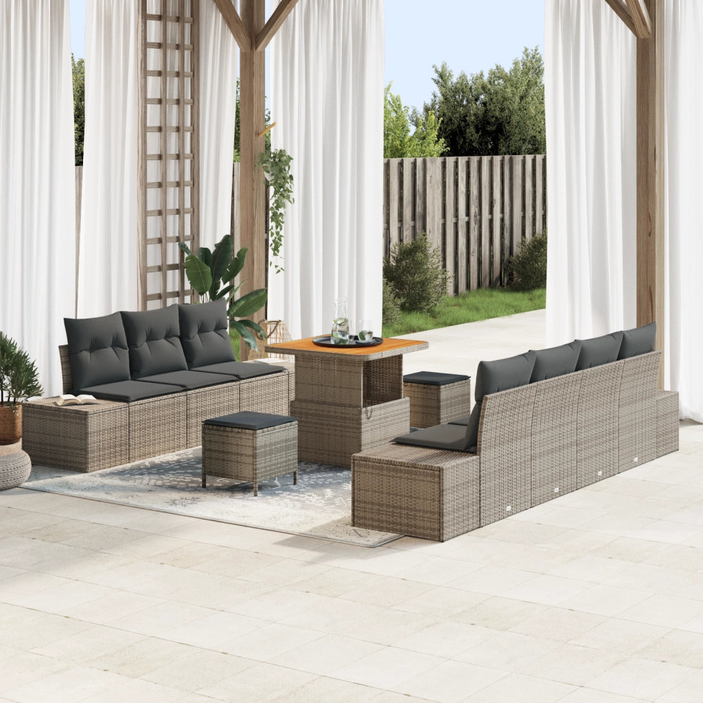 Set divano da giardino 10 pezzi con cuscini grigio polyrattan acacia