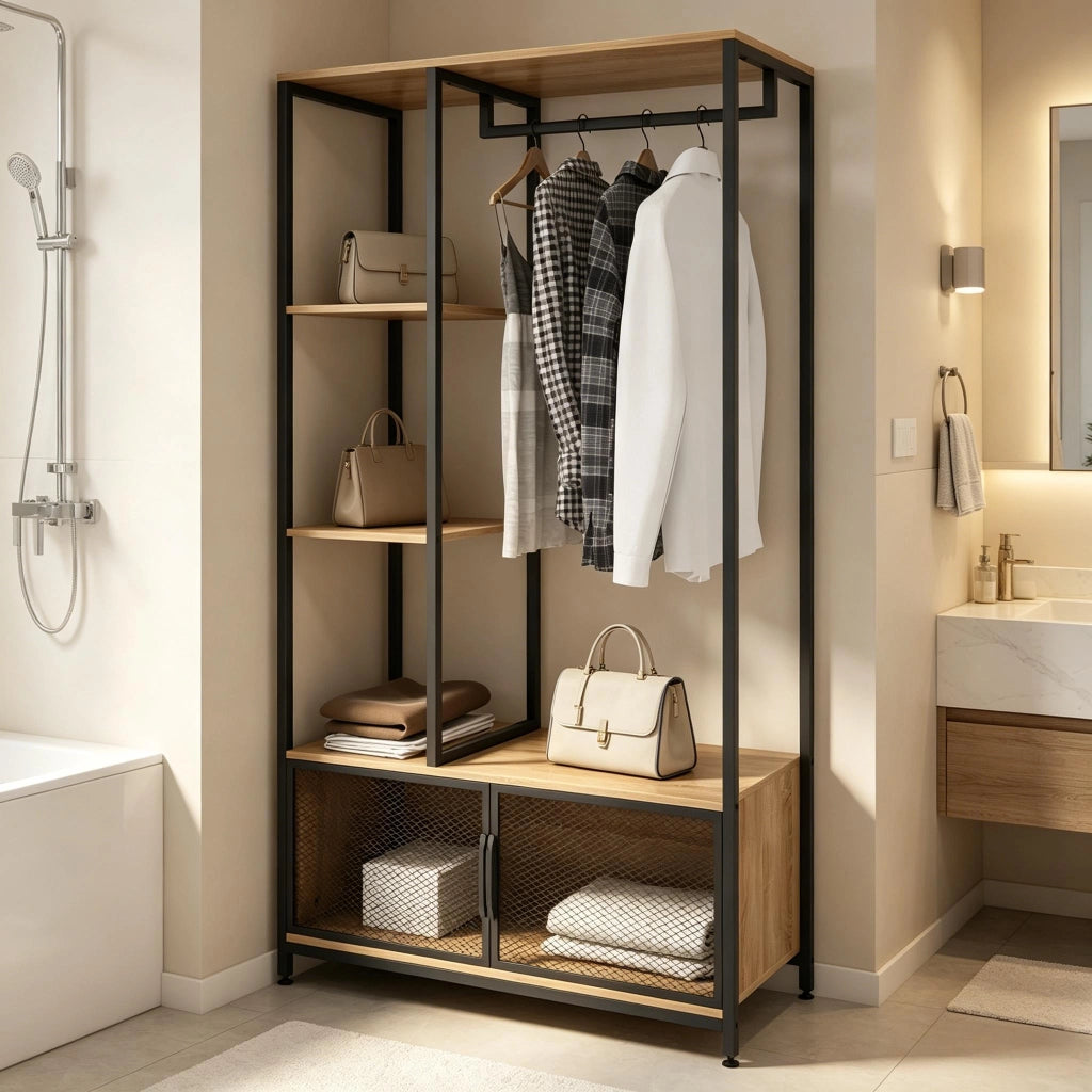 Appendiabiti aperto in MDF e metallo con ripiani, 90x40x167 cm, design industriale, nero e rovere chiaro