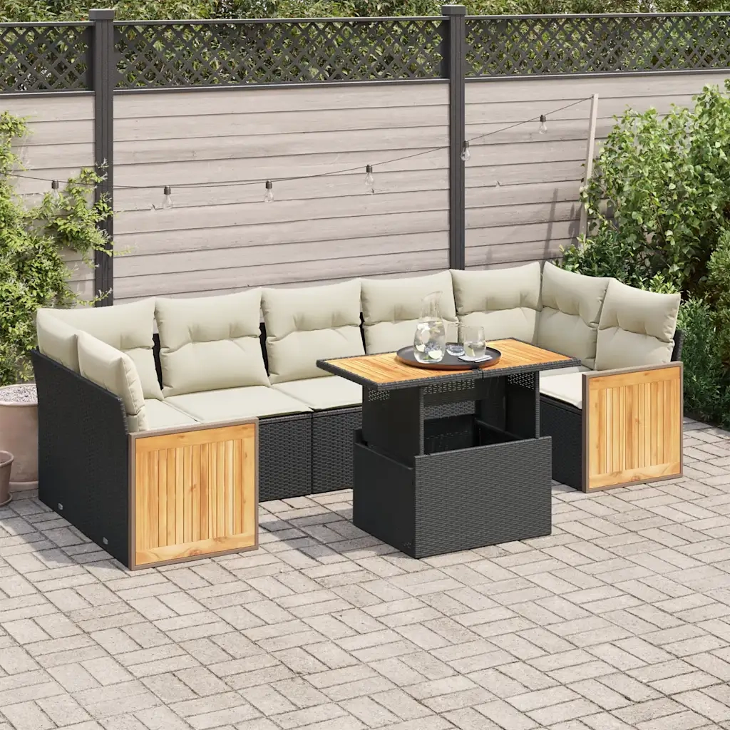 Set Divani da Giardino con Cuscini 8 pz Nero Polyrattan Acacia 3327682