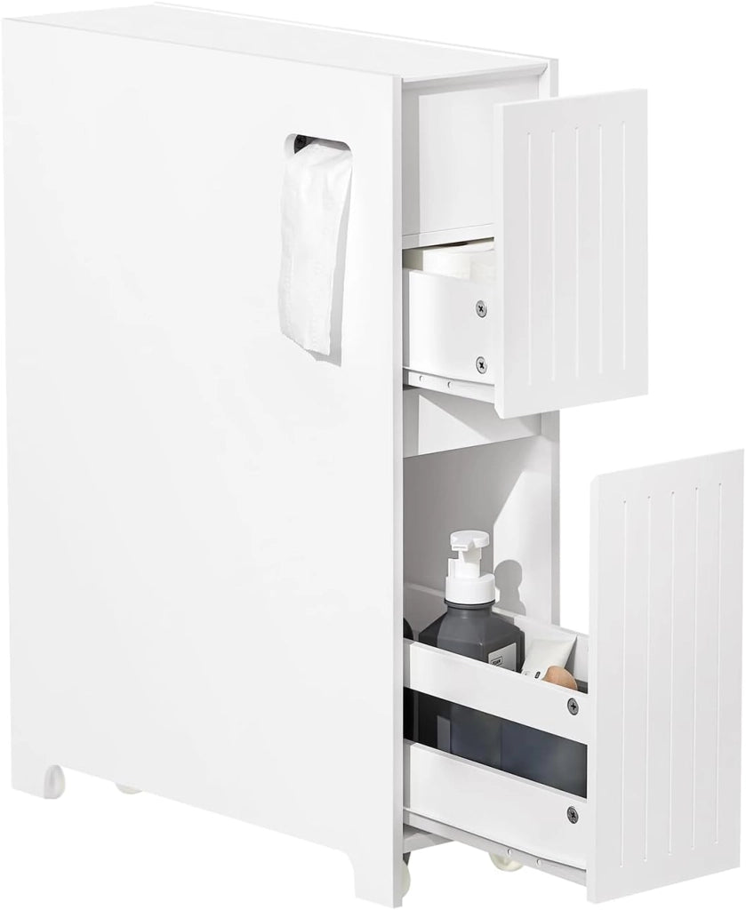 Stretto Mobiletto Bagno con Rotelle 20cm– Carrellino Salvaspazio con Cassetto per Conservare Carta Igienica, Mobile Bagno in Legno, Bianco, 20x75x60cm, BZR111-W