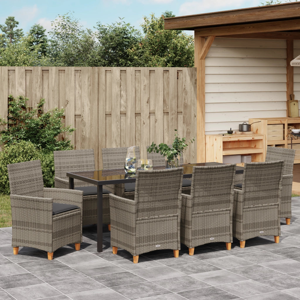 Set da Pranzo da Giardino in 9 Pezzi con Cuscini Grigio Polyrattan