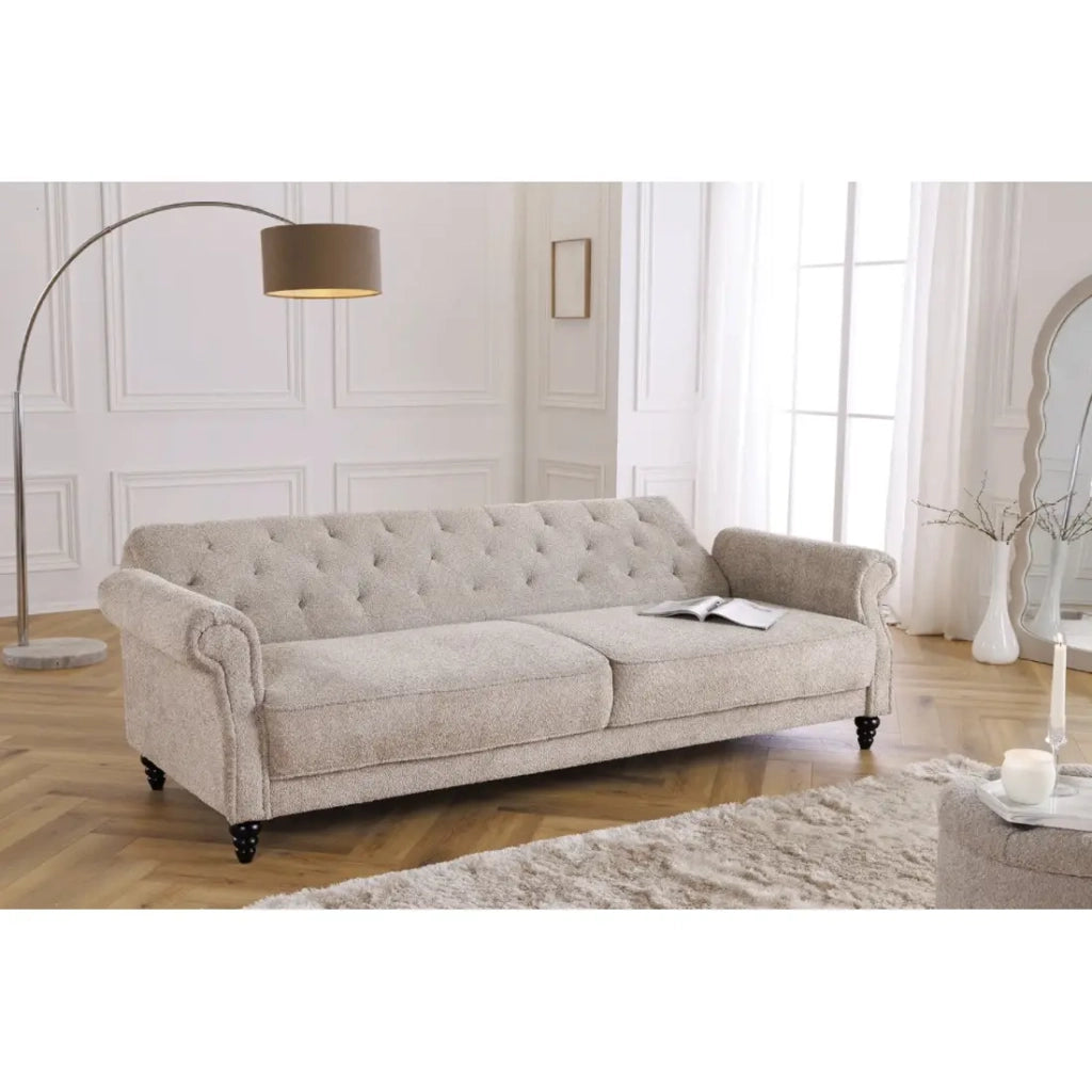 Divano trasformabile MILES beige – Divano classico in tessuto bouclé con struttura in legno massiccio