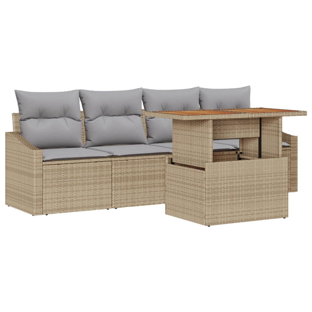 Set da pranzo da giardino 5 pezzi con cuscini beige polirattan acacia