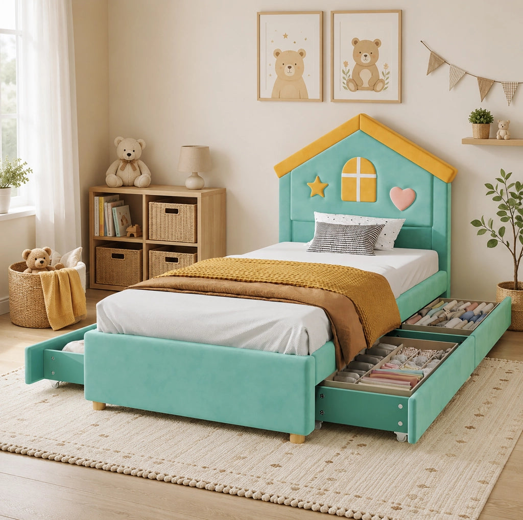 Letto per bambini imbottito a casetta 90x200 cm in velluto blu verde con 4 cassetti