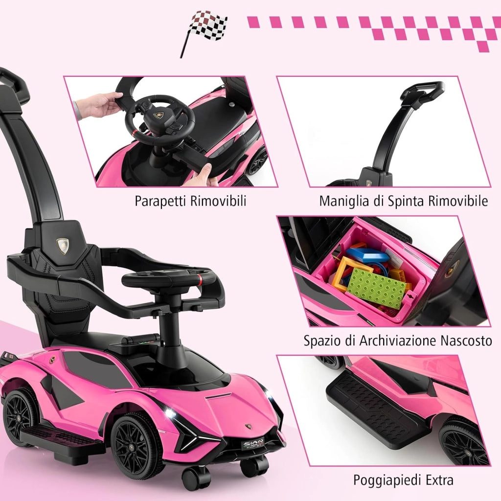 3 in 1 Auto da Spinta, Auto Scorrevole con Paracolpi e Manubrio Rimovibili Musica e Fari, Spazio di Stoccaggio Nascosto e Ruote Universali Staccabili, Bambini 18-24 Mesi (Rosa)