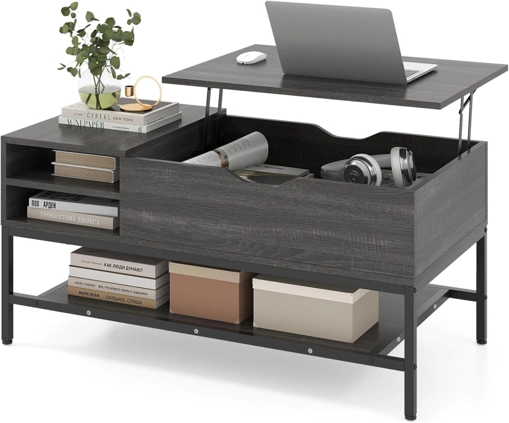 Tavolino da Caffè con Piano Sollevabile e Scomparto Nascosto, Tavolo da Salotto in Legno con Ripiano Portaoggetti, Ideale per Piccoli Spazi (Marrone)