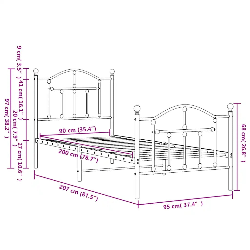 Giroletto con Testiera e Pediera Metallo Bianco 90x200 cm 353499