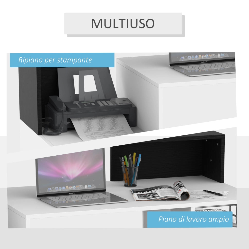 EasyComfort Scrivania per Ufficio con Ripiano Stampante, 2 Cassetti e 3 Mensole, in MDF Bianco e Nero, 137 x 55 x 92cm