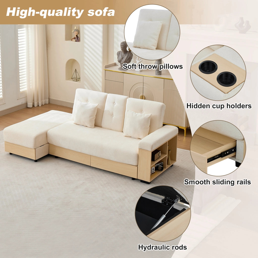 Divano letto con contenitore, schienale a 3 posizioni, in chenille beige, con cassetti e portabicchieri