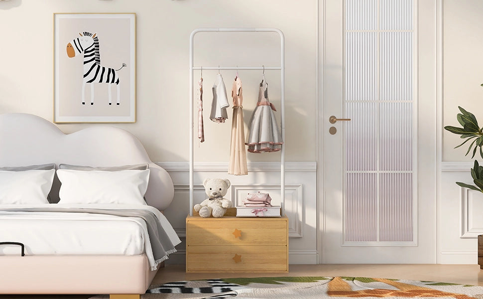 Scaffale con asta appendiabiti e 2 cassetti con maniglie a forma di stella in mdf colore legno naturale 70 × 55 × 168 cm