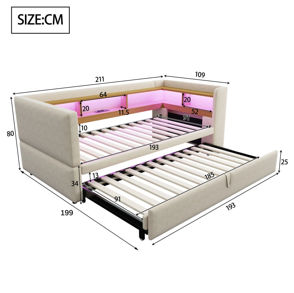 Divano letto 90/180x190 cm con LED; prese e vani portaoggetti in flanella beige