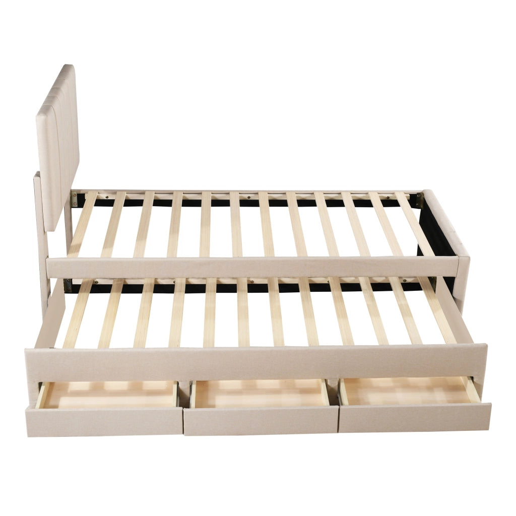 Letto imbottito singolo 90×200 cm con letto estraibile e 3 cassetti; rete; senza materasso; beige