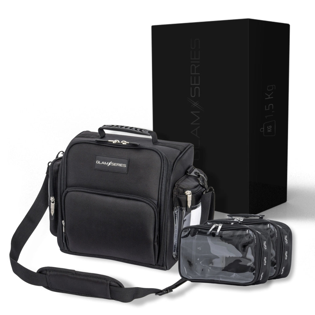 GlamSeries GlamTraveler Borsa porta trucchi con 3 astucci, trousse con fibbia per fissaggio a valigie, pochette da lavoro ideale per truccatori e parrucchieri