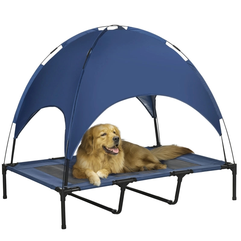 Letto rialzato per cani da esterno con baldacchino, pieghevole, 122 x 92 x 108 cm, blu scuro e nero