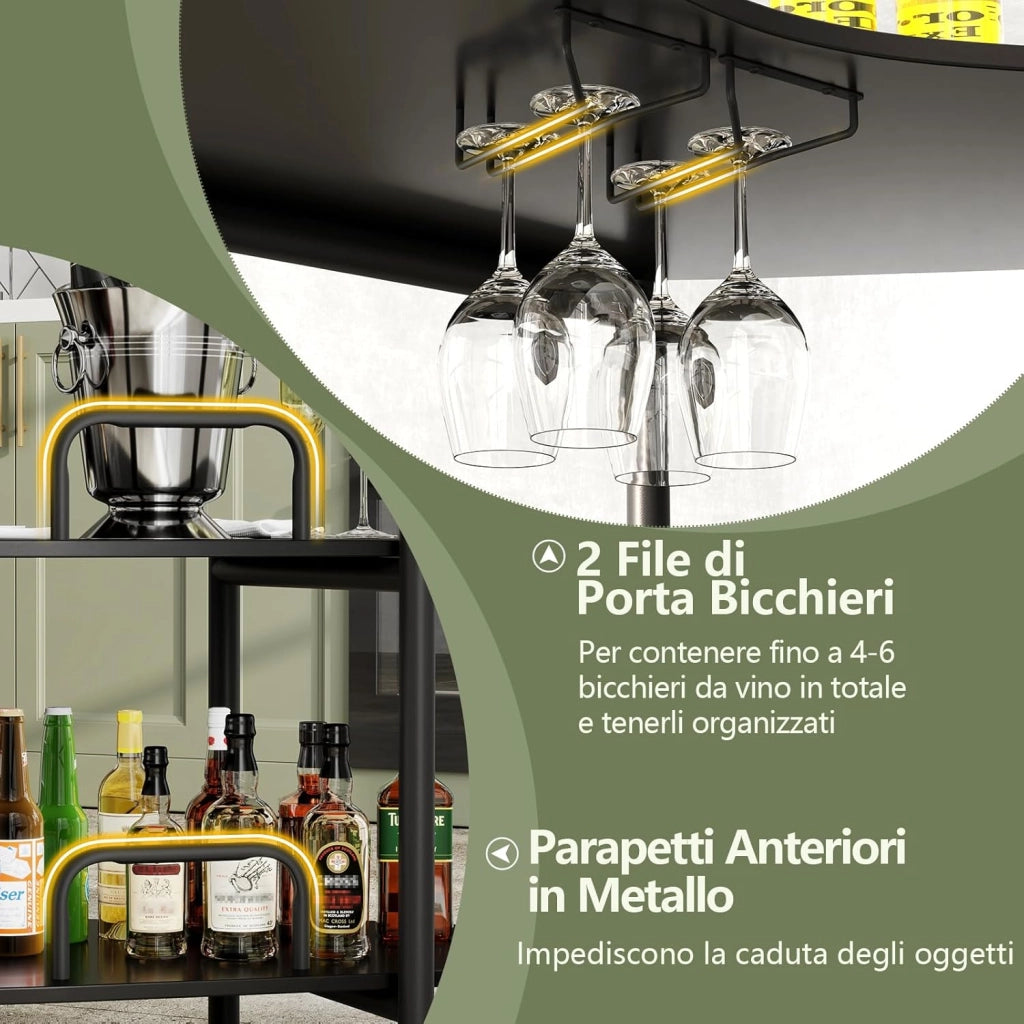 Tavolo da Bar 120 x 66 x 102 cm, Portabottiglie Vino a 3 Ripiani con Portabicchieri e Mensole di Stoccaggio, Isola Cucina Industriale per Bistro (Nero)