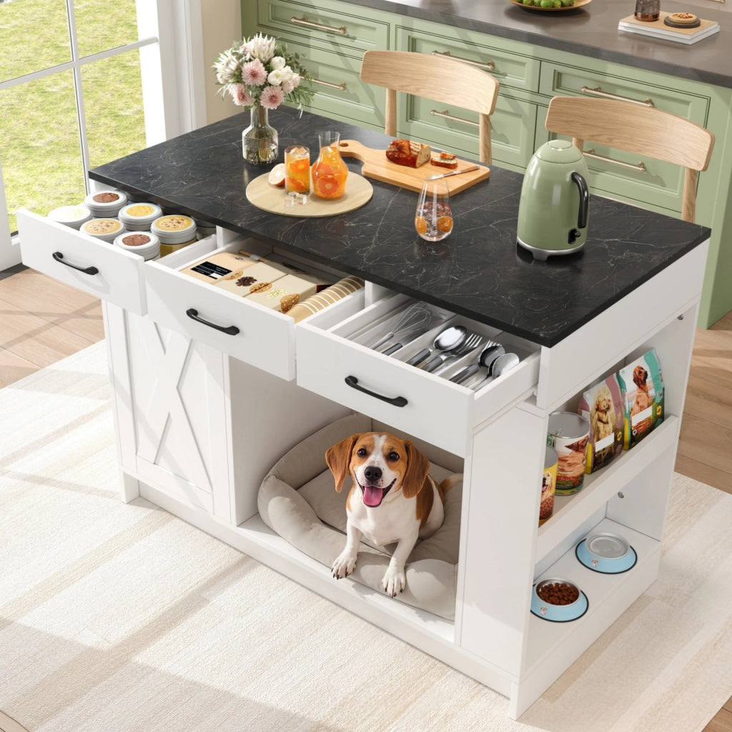 Carrello da cucina con 3 cassetti, vano per animali domestici e ripiano regolabile, bianco