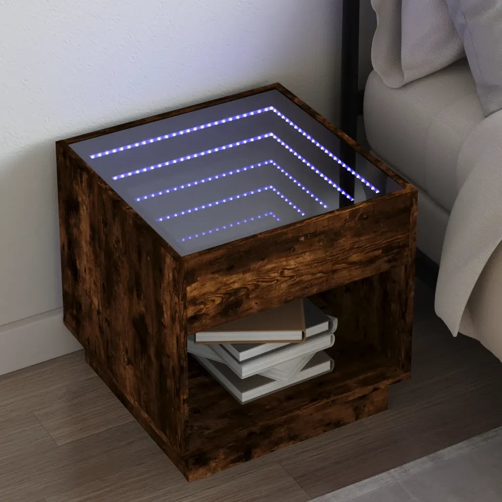 Comodino | Armadio da Notte | Mobiletto da notte con LED Infinity Rovere Fumo 50x50x50 cm
