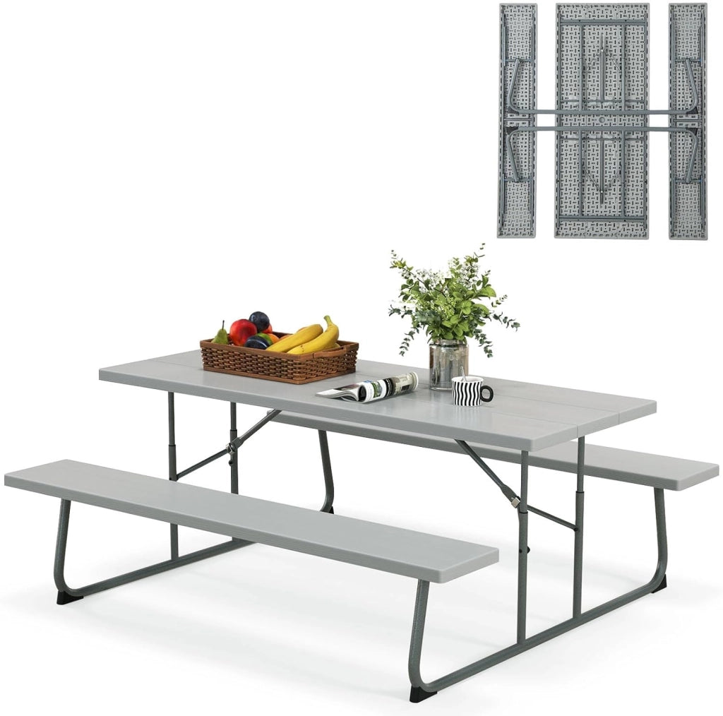 Set tavolo da picnic con panchine, set di mobili da giardino pieghevole per 8 persone con telaio in metallo piano in HDPE, 183 cm foro per ombrellone, grigio