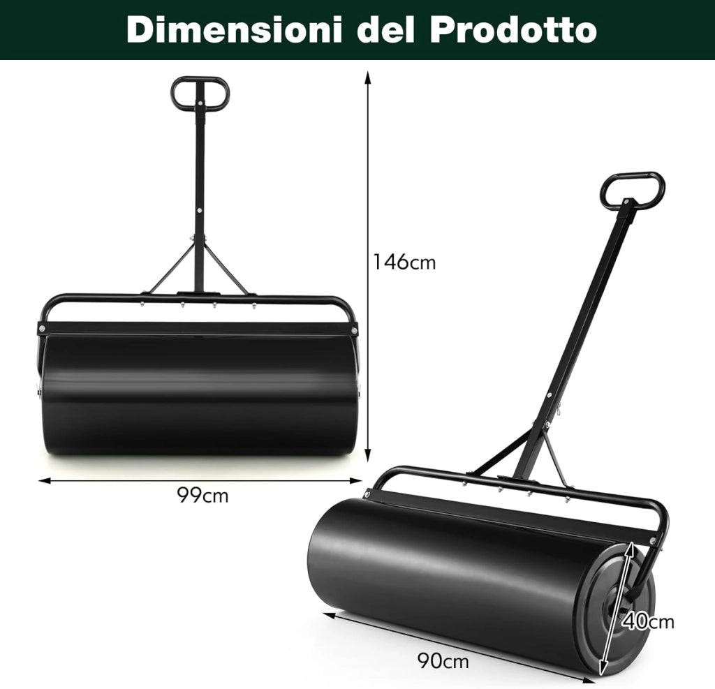 Rullo da Giardino per Prato 113 L 90 x 40 cm, Rullo per Prato in Metallo Riempibile di Acqua/Sabbia con Manico Antiscivolo, Ideale per Cortile, Parco e Fattoria (Nero)