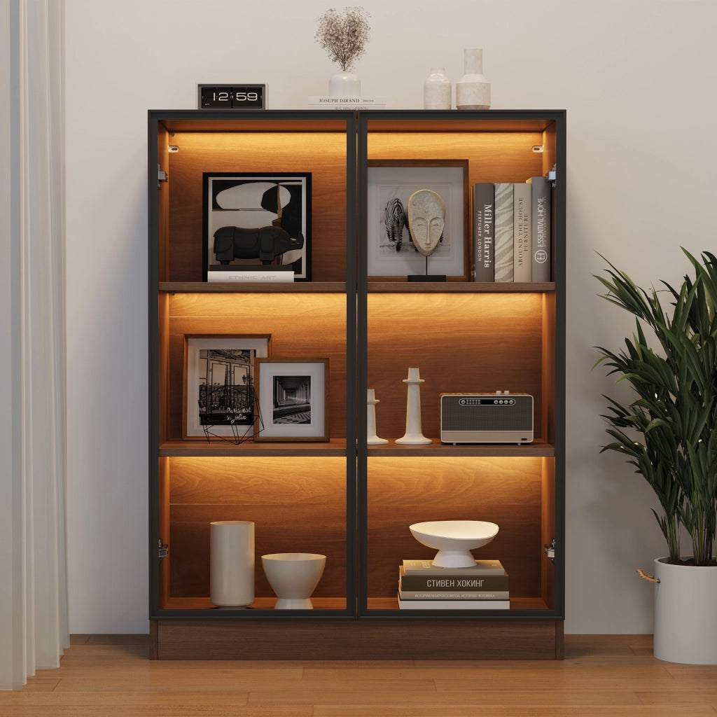 Vetrina in vetro con LED, finitura Natural Walnut, struttura in vetro e pannelli truciolari, 80 x 30 x 106 cm