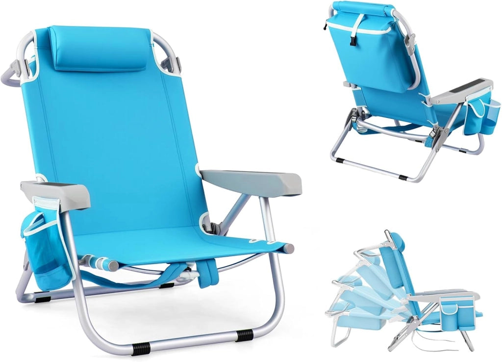 Sedia da Spiaggia Pieghevole, Spiaggina con Schienale Regolabile in 5 Posizioni, Sdraio Mare con Poggiatesta, Lettino Prendisole con Tasca Laterale, Carico 150 kg (Blu*1)