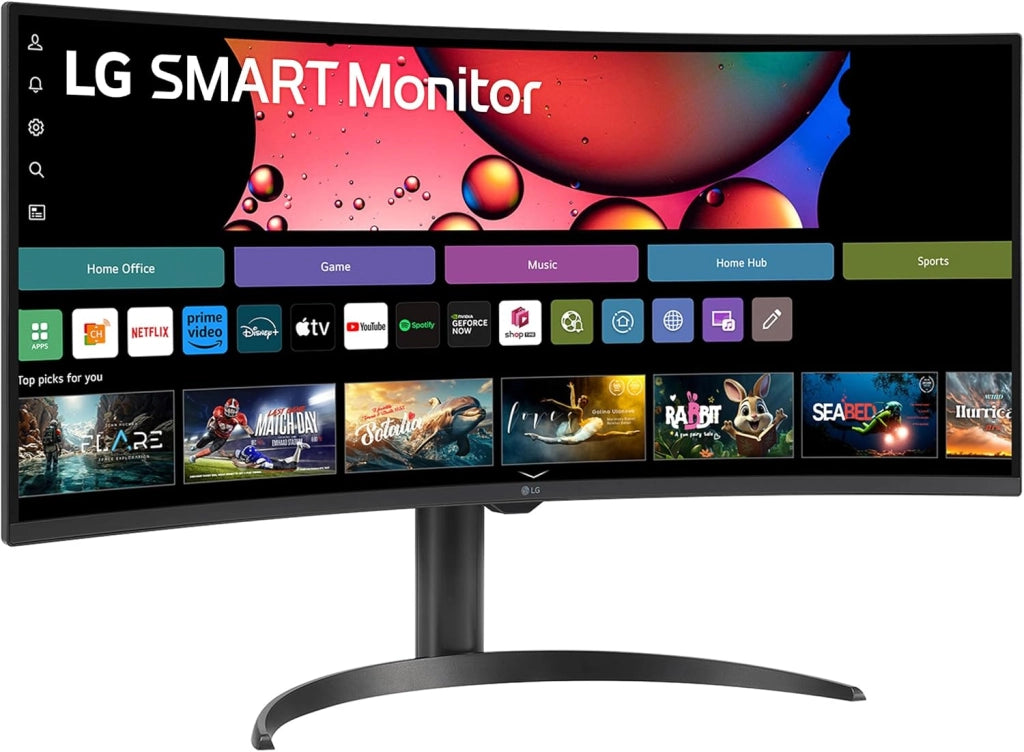 34SR65QC Monitor Smart 34" 21:9 Curvo WQHD (3440x1440) HDR, webOS con app di streaming, Wi-Fi, LAN, Bluetooth, AirPlay, Screen Share, Speaker Stereo 14W, 2x HDMI, 2x USB, 100Hz, Telecomando, Nero