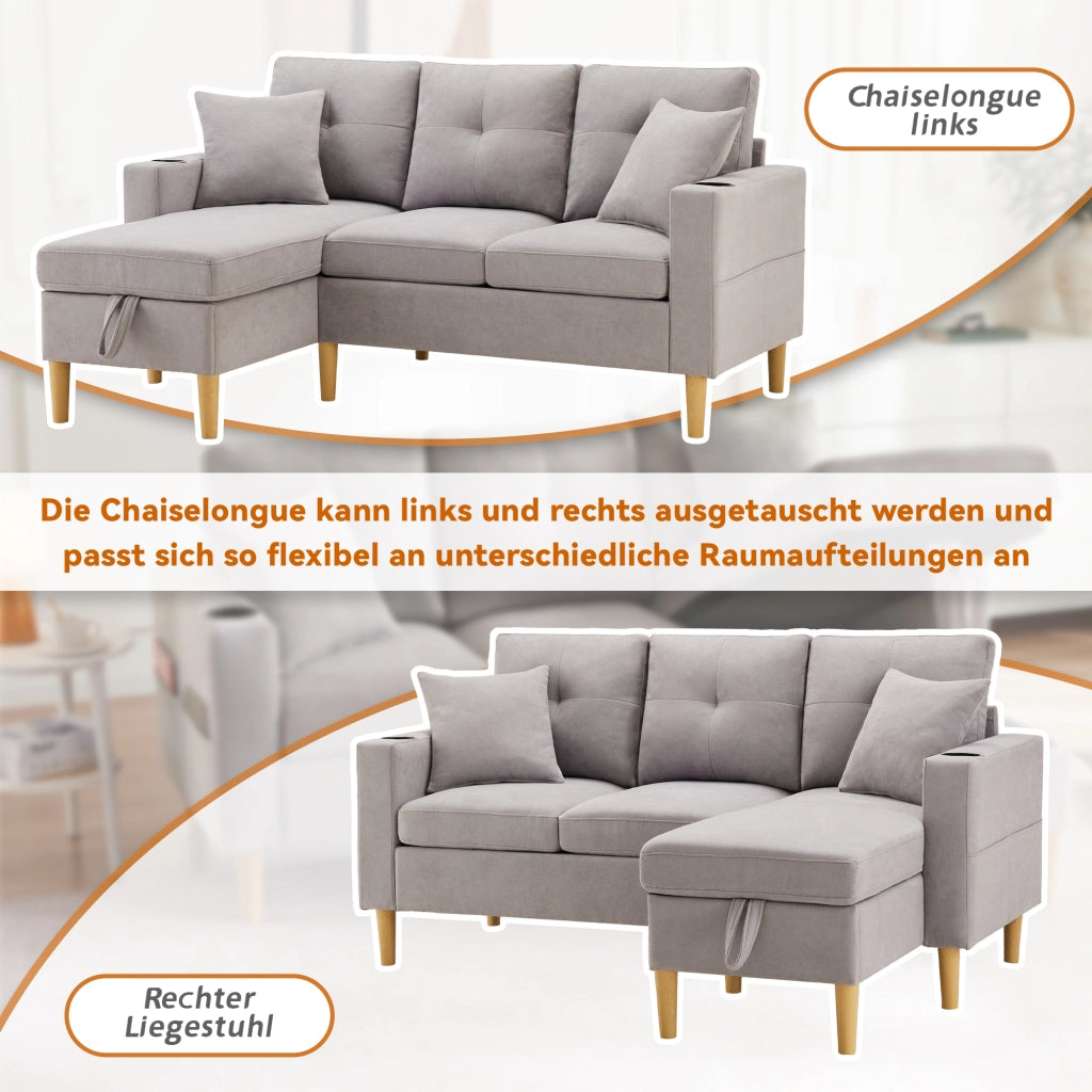 DIVANO angolare con chaise longue e contenitore 175x129x90 cm grigio chiaro cotone e lino