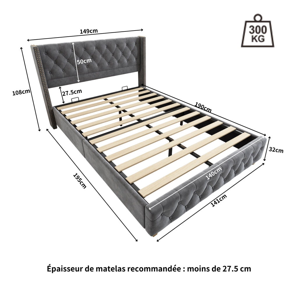 Letto Adulto 140 x 190 cm; Letto Matrimoniale Imbottito con Testiera Trapuntata; senza Materasso; Velluto Grigio