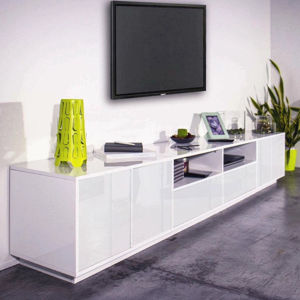 Mobile porta TV Albak, Credenza bassa da soggiorno, Base porta TV, 100% Made in Italy, cm 260x41h46, Bianco lucido