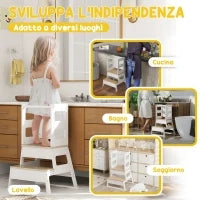 Torre Montessoriana per Bambini con Lavagna e Ringhiera, in Legno, 55x52.5x87.5 cm, Bianco e color Legno