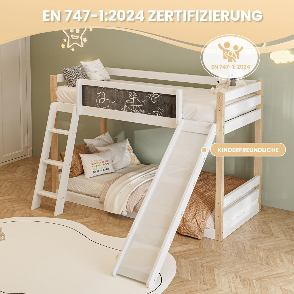 Letto a castello per bambini 90 × 200 cm e 90 × 190 cm, scala, scivolo e lavagna, senza materassi, bianco