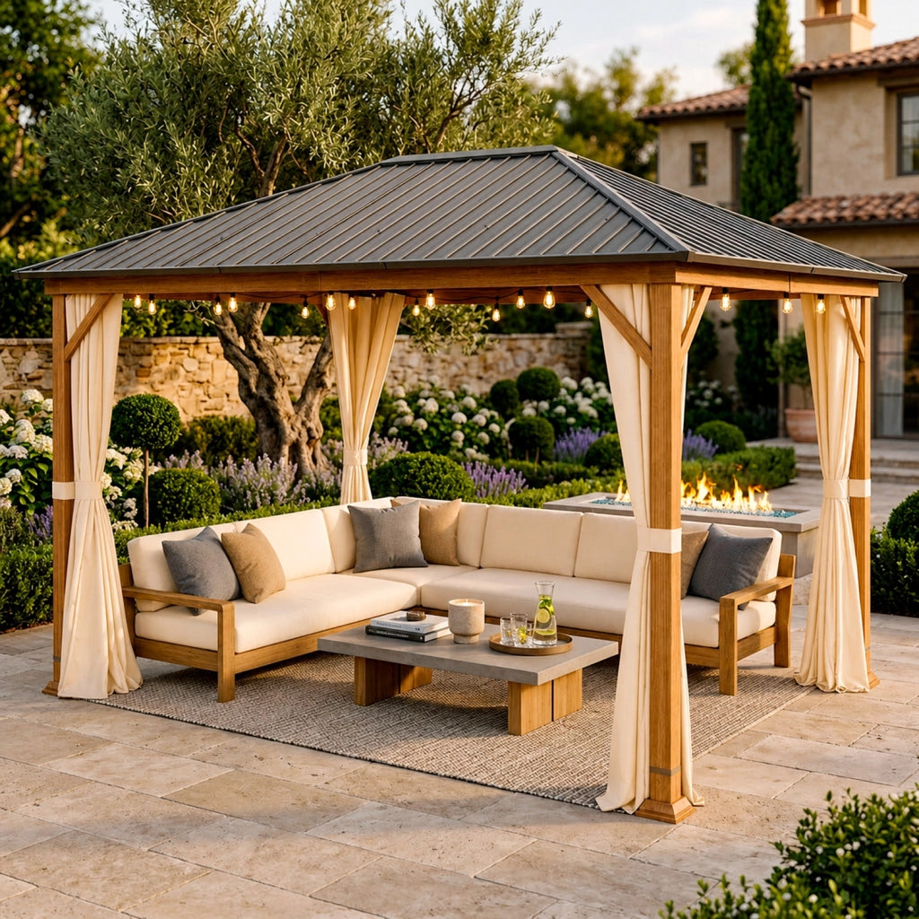 Gazebo 3X4 Metri Per Giardino Con Tetto In Acciaio Zincato Struttura Effetto Legno Tende Laterali Impermeabile Per Outdoor Patio Terrazza 300 X 400 X 295 Cm Effetto Legno E Beige