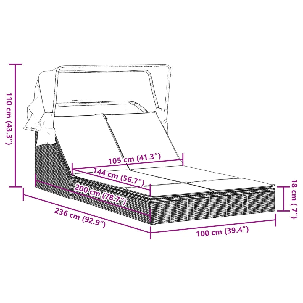 Lettino Prendisole | Sdraio da giardino | Lettino da sole Doppio Baldacchino e Cuscini Nero Polyrattan