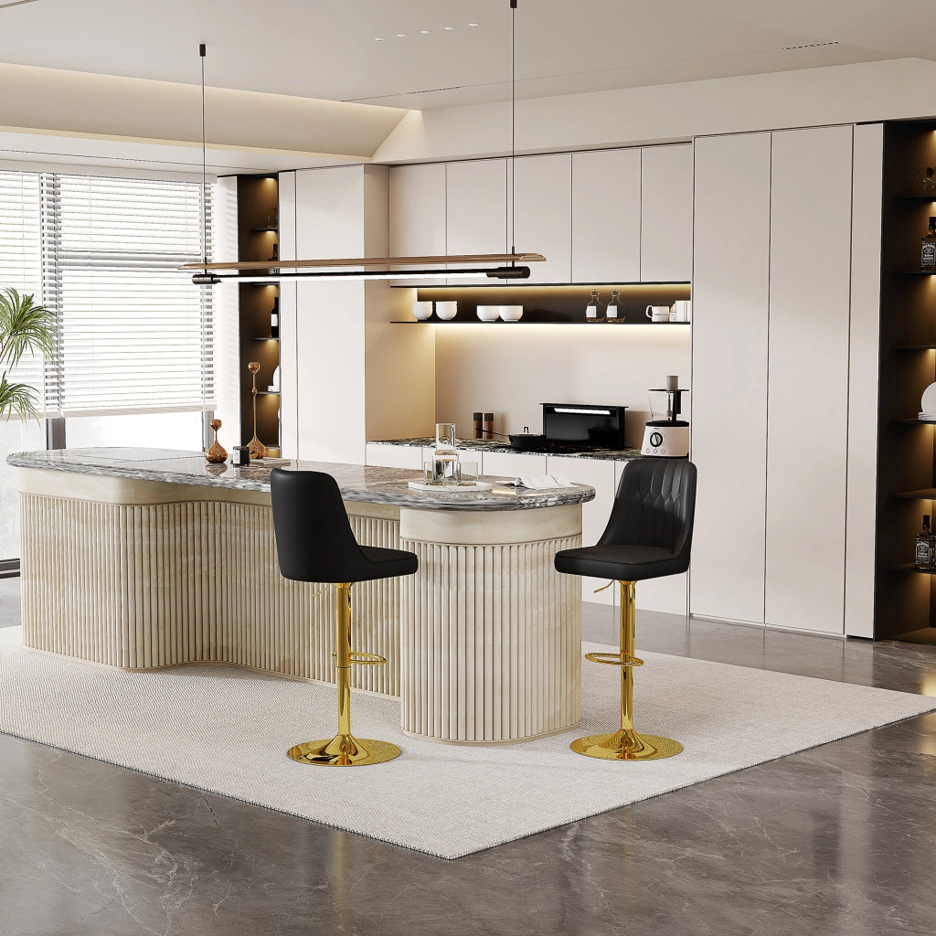 Set di 2 sgabelli da bar girevoli a 360° con altezza regolabile; schienale in PU e base in metallo nero e oro